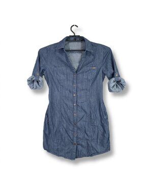 Women Guess Blue Denim Shirt Dress Button Down Roll Tab Sleeve Size M